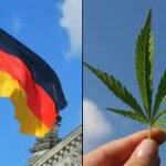 The German flag next to a hand holding cannabis, symbolising the legalisation of weed